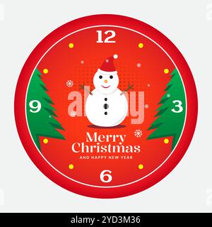 A festive Christmas clock design featuring a snowman in a Santa hat, surrounded by snowflakes and Christmas trees on a red background Stock Vector