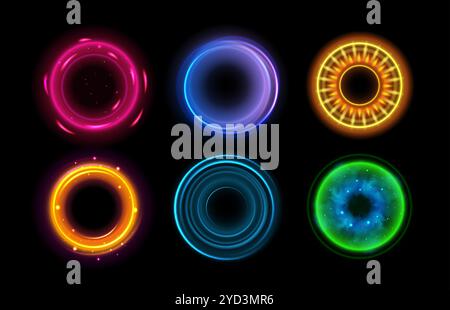Halo flares. Neon ring light optical circular effect, magic neon color glow halos with sparkles. 3d circle portal with vortex, energy orb. Vector futuristic big explosion isolated set. Stock Vector