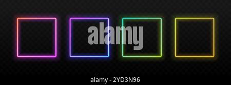 Neon light square frame. Rectangle glowing borders with pink, green and blue, yellow led neon. Shiny futuristic banners. UI line boxes, vibrant border frames vector set. Stock Vector