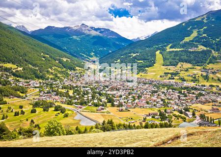 Town of Bormio in Dolomites Alps landscape view Stock Photo