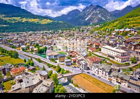 Town of Bormio in Dolomites Alps aerial view Stock Photo