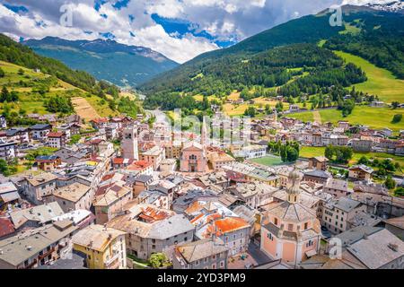 Town of Bormio in Dolomites Alps aerial view Stock Photo