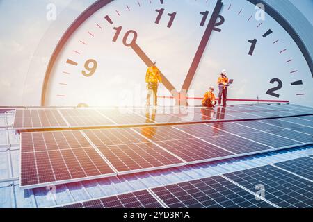Engineer Team Service Maintenance Solar Panel at Industry roof overlay clock for Time to Saving Energy concept. Stock Photo