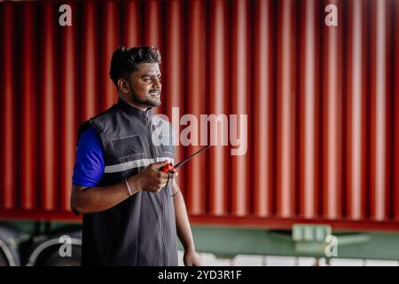 Happy Indian male worker cargo shipping loading manager. Warehouse staff foreman in radio control in factory cargo warehouse load area. Stock Photo