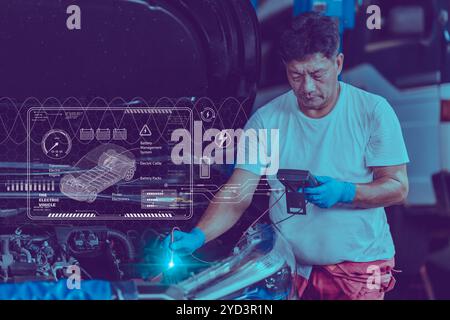 Professional worker checking service EV car check battery voltage using multi meter overlay graphic element. Stock Photo