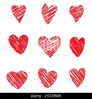 Red heart icons. Hand drawn heart symbols. Scribbled love shapes. Romantic sketch elements. Stock Vector