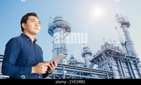 Professional Young Asian Engineer with Tablet against Power plant Industrial factory gas and chemical petroleum plant background Stock Photo
