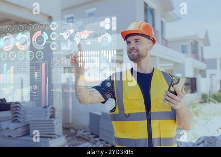 Engineer builder worker using advance technology digital hologram infographics touch panel in housing construction industry. Stock Photo