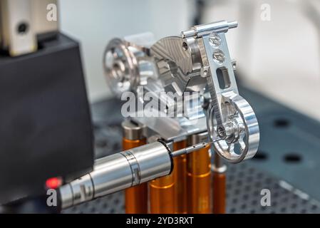 3d precision measurement on machine quality control parts. Measuring machine for finished parts after cnc machining. Measuring machine. 3D coordinate Stock Photo