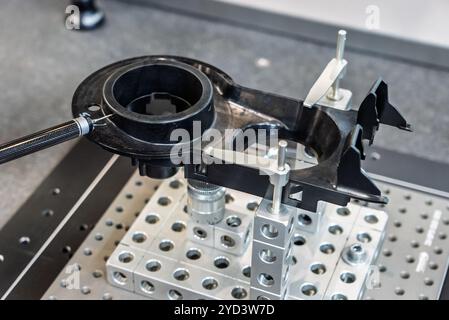 3d precision measurement on machine quality control parts. Measuring machine for finished parts after cnc machining. Measuring machine. 3D coordinate Stock Photo