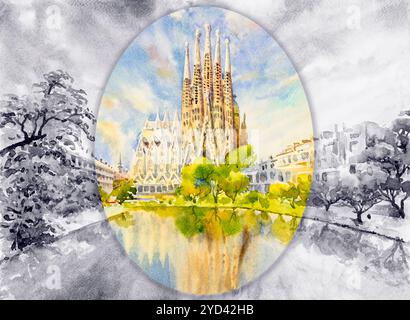 BARCELONA, SPAIN. Illustration art, Hand drawn watercolor painting landscape on paper sky and cloud on  black, white view background, Travel   famous Stock Photo