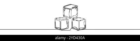 Continuous line drawing of three ice cubes melting on a surface. Vector illustration. Stock Vector