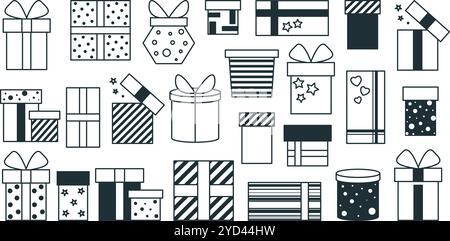 Black and white collection Christmas gifts boxes. Set closed and open boxes different sizes and shapes, decorated with wrapping paper in stripes, dots Stock Vector
