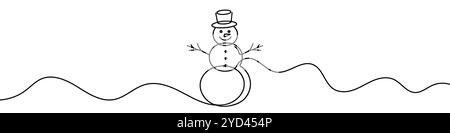 Continuous line art drawing a smiling snowman on snowy hills for a winter holiday design Stock Vector