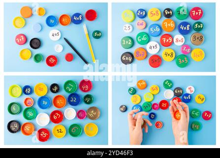 Colorful bottle caps with multiplication exercises on blue background ...