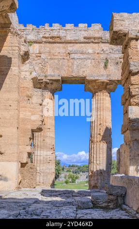 Temple of Neptune at Paestum in Italy: view across the peristyle. Stock Photo