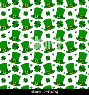Leprechaun hats, clover quatrefoil and hearts Seamless pattern in trendy monochrome green. Backdrop. Isolated Vector illustration Thematic cards, posters, banners, price tag, label, lettering or web Stock Vector