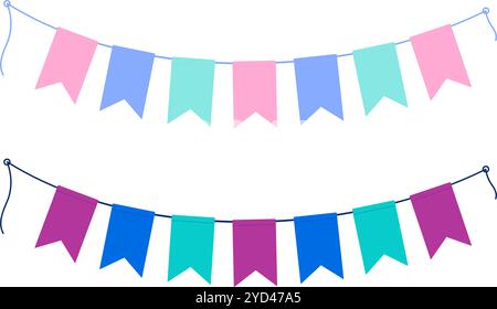 Pennants on a rope in trendy soft pink, mint, blue and bright fuchsia, blue and turquoise. Set of 2 Greetings design elements. Isolated Vector illustration Cards, poster, leaflet, banner, price or web Stock Vector