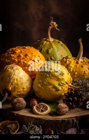 Close-up of pumpkins, nuts and autumn leaves on wood Stock Photo