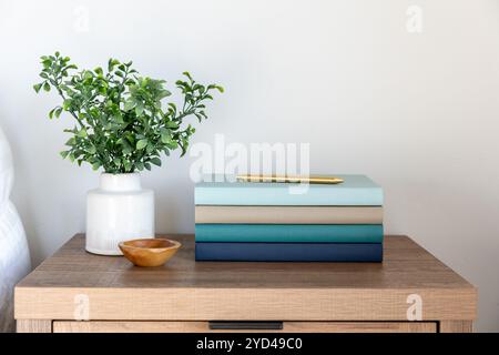 Close-up of bedside table with stacked books and a plant Stock Photo