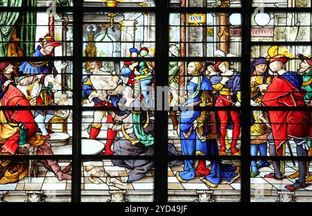 Wisdom of Solomon: Judgement of Solomon, stained glass, Church of St. Gervais and St. Protais, Paris Stock Photo