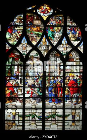 Wisdom of Solomon: Judgement of Solomon, stained glass, Church of St. Gervais and St. Protais, Paris Stock Photo