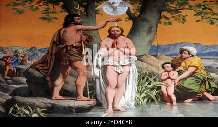 Baptism of the Lord, painting on the facade, Saint Vincent de Paul church, Paris Stock Photo