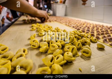 At the Le Sfogline pasta workshop in Via Belvedere, a hand shapes fresh tortellini; filled squares of dough already lie ready in the background. The pasta workshop is run by the sisters Monica and Daniela, who took over the business from their mother, Renata Zappoli. Via Belvedere, Bologna, Emilia-Romagna, Italy. Stock Photo