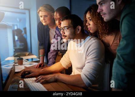 Office, support and business people with teamwork by computer for server, testing or solution. Programming, diversity and IT developer with tech at Stock Photo