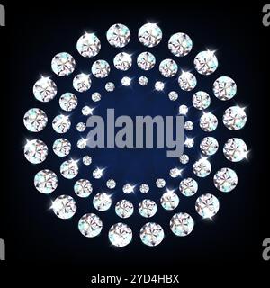 Round frame of precious stones diamonds. On dark neon background. Vector. Stock Vector