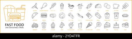 Fast Food Icon Set In Line Style. Fast Foodd Icons. Vector Illustration. Editable Stroke. Stock Vector