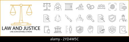 Law And Justice Icon Set In line Style. Law And Justice Icons. Vector Illustration. Editable Stroke. Stock Vector