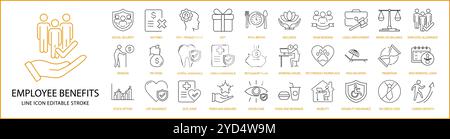 Employee Benefits icon Set in line Style. Employee Benefit Icons. Vector Illustration. Editable Stroke. Stock Vector