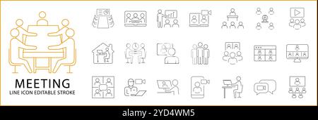 Meeting Icons In Line Style. Containing business, teamwork, team, management, group, organisation, work, etc. Icon Set. Vector Illustration. Editable Stock Vector