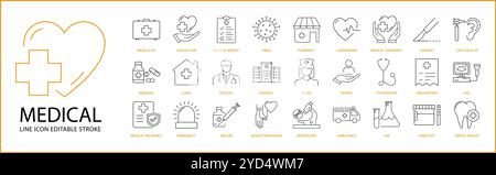 Medical Icon Set In Line Style. Containing hospital, emergency, doctor, line, pharmacy, clinic, ambulance, prescription, aid, diagnosis, patient, etc. Stock Vector
