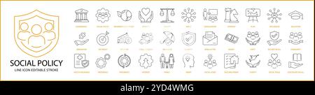 Social Policy Icon set In Line Style. Containing protection, government, justice, public, legislation, etc. Vector Illustration. Stock Vector