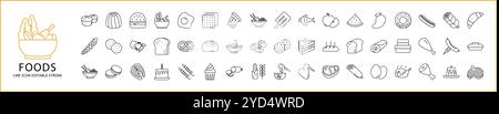 Foods Icon Set In lline Style. Food Icons. Vector illustration. Editable Stroke. Stock Vector