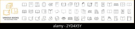 Various Books Icon Set In Line Style. Containing of Book Variation. Vector Illustration. Stock Vector