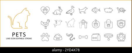 Pets Icon Set In Line Style. Containing bowl, cats, hamster, adopt, rabbit, hobby, snake, reptile, lizard, chicken, etc. Vector Illustration. Stock Vector