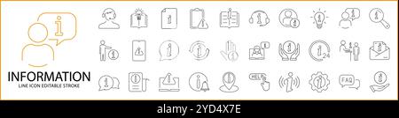 Information Icons In Line Style. Containing help, info, service, button, question, support, website, faq, etc. Icon Set. Vector Illustration. Editable Stock Vector