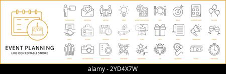 Event Planning icon set in line style. Event Planning icons. Vector Illustration. Editable Stroke. Stock Vector