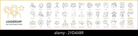 Leadership Icons In Line Style. Containing leader, business, teamwork, person, management, success, etc. Vector Illustration. Editable Stroke. Stock Vector