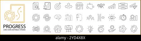 Progress Icons In Line Style. Containing development, strategy, process, growth, management, success, goal, etc. Icon Set.Vector Illustration. Stock Vector