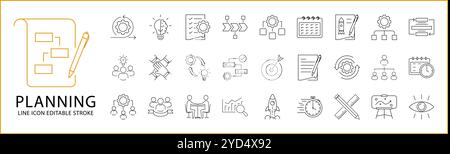 Planning Icons In line Style. Containing plan, management, strategy, business, development, success, team, growth, etc. Icon Set. Vector Illustration. Stock Vector