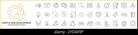 Startup And Development Icons In Line Style. Containing strategy, innovation, growth, success, idea, launch, finance, etc. Icon set. Vector Illustrati Stock Vector