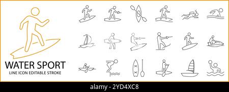 Water Sport Icons In Line Style. Containing water sport, swimming, sailing, surfboard, diving, surf, Etc. Icon Ses. Vector Illustration. Editable Str Stock Vector