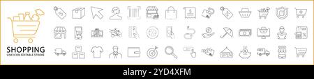 Shopping Icon Set. Shopping Line Icons. Containing buy, commerce, shop, purchase, store, e-business, online, sale, payment. Vector Illustration. Stock Vector