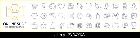Online Shop And E-Commerce Icon Set. Line Icons. Containing buy, shopping, market, shipping, store, payment, sale, e-business, delivery, bag. Stock Vector