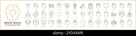 Mental Health Icon Set In line Style. Containing psychology, brain, mind, human, anxiety, line, person, head, disorder, etc. Vector Illustration. Stock Vector