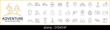 Adventure Icon Set In Line Style. Adventure Icons. Vector Illustration. Editable Stroke. Stock Vector